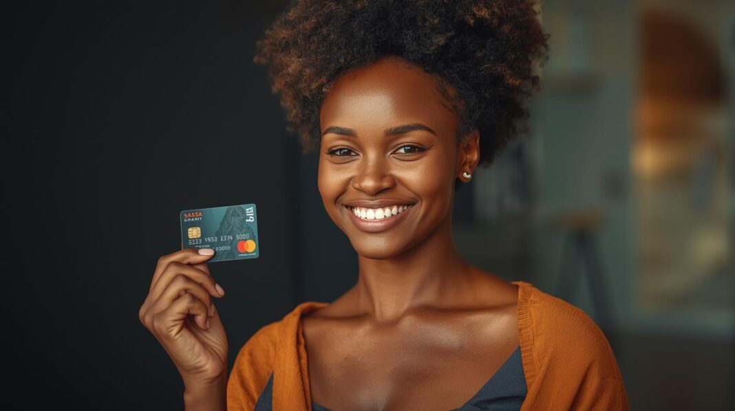 an african woman holding a sassa grant visa card When to Collect Your SASSA Social Grant in October 2025