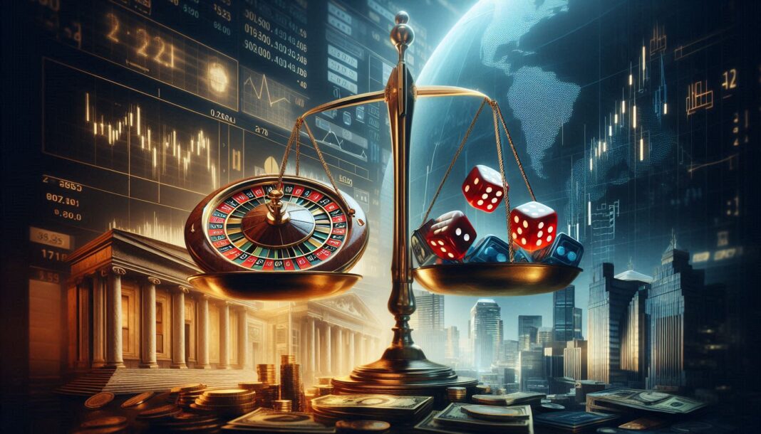 A professional editorial-style hero image showing a golden balance scale with a roulette wheel on on Gambling at a Crossroad