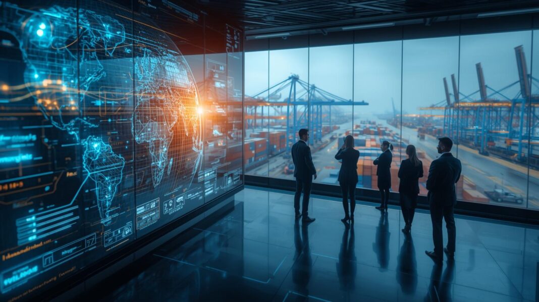 A futuristic global logistics control center with large digital screens displaying world trade routes, cargo data, and port operations. Professionals in modern business attire analyze data on transparent digital panels. In the background, a panoramic view of a major seaport with cranes, ships, and containers under soft daylight. The atmosphere conveys innovation, digital transformation, and global connectivity. Editorial photography style, sharp focus, professional lighting, and a modern corporate aesthetic.