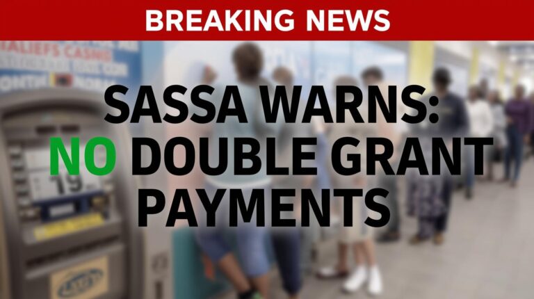 Create a breaking news-style image with the text “SASSA Warns: No Double Grant Payments”. Use bold, legible fonts, South African flag colors (green, gold, black), and a subtle red alert banner. Background: blurred ATM queue or South African community scene. Keep text minimal and centered.