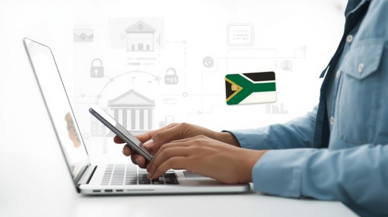 Create a clean, professional illustration showing a person updating financial details on a laptop or smartphone, with visual elements like a SASSA card, South African flag colors (green, gold, and black), and subtle icons of bank buildings or digital security locks. The scene should convey trust, security, and technology — no text overlay, just clear visuals suggesting online banking update through SASSA.