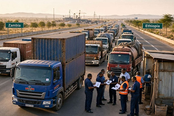A high-quality, realistic editorial illustration showing the challenges of exporting goods across Africa under the African Continental Free Trade Area (AfCFTA). A fully loaded Kenyan cargo truck carrying shipping containers is stopped at a busy African border crossing with long queues of freight trucks. Customs officers inspect documents while exporters wait. In the background, a modern logistics corridor stretches toward the horizon with road signs pointing to Zambia, Ethiopia, Nigeria, and Ghana. Include cargo containers, logistics warehouses, customs checkpoints, and maps subtly highlighting Africa. Overlay faint logistics icons representing transport costs, border delays, documentation, warehousing, and supply chains. Bright daytime lighting, professional business-news style, ultra-detailed, photorealistic, 169 composition, no text, no watermark.